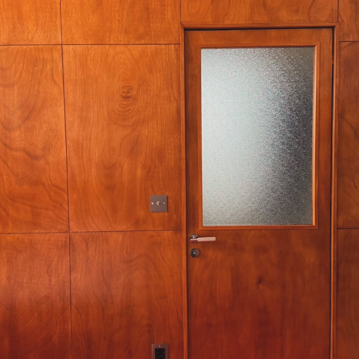 Porte en bois avec vitrage dépoli intégrée dans une boiserie murale