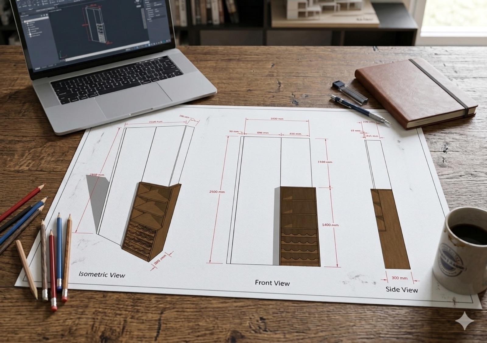 Plan de conception d'un meuble de cuisine sur mesure : vues isométrique, de face et de côté