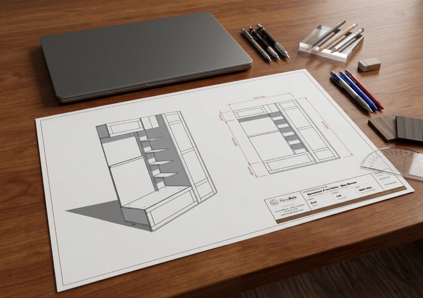 Plans imprimés d'un meuble d'entrée sur mesure posés sur le bureau