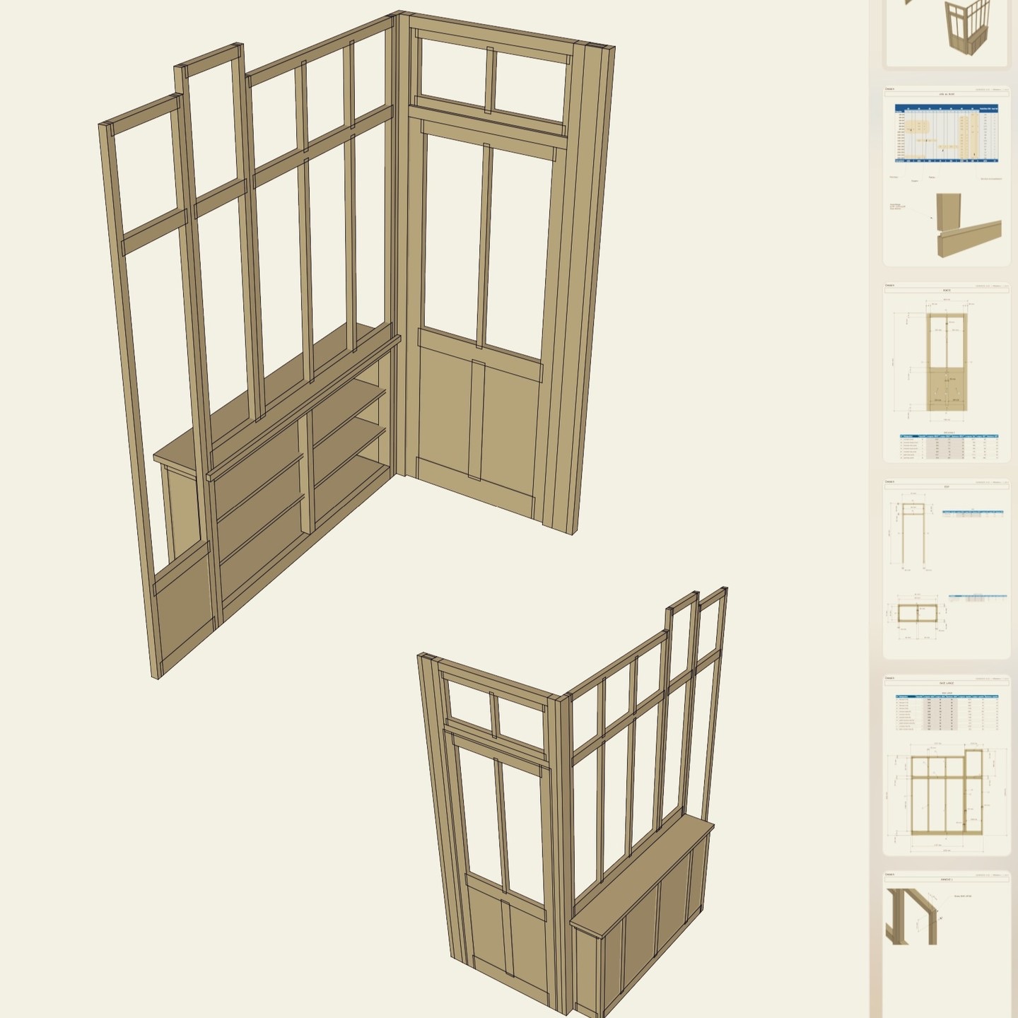 Plan 3D d'une verrière en bois avec porte et banc intégré